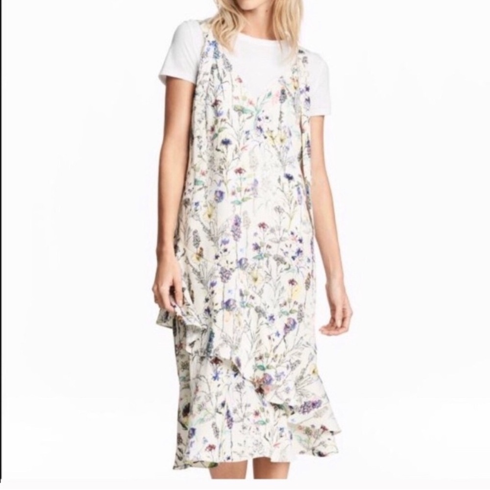 H&M White Floral Midi Dress, flounce ruffle hem, size 14